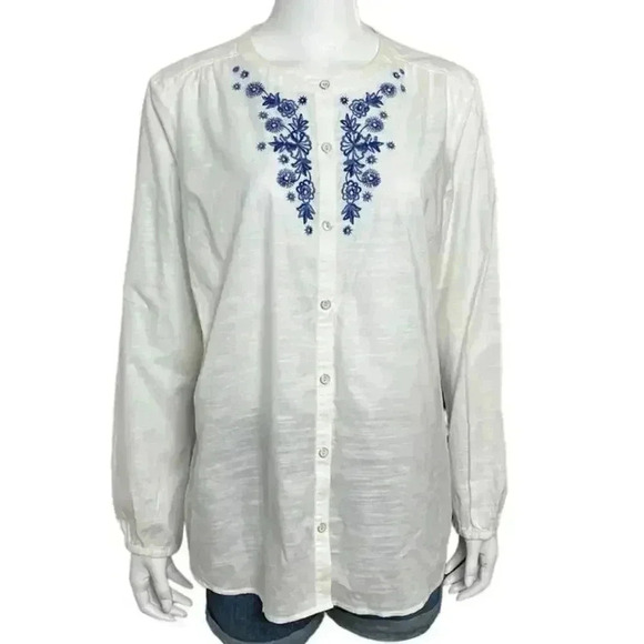 Eddie Bauer White Blue Embroidered Button Up Shirt Size XL - Picture 1 of 7